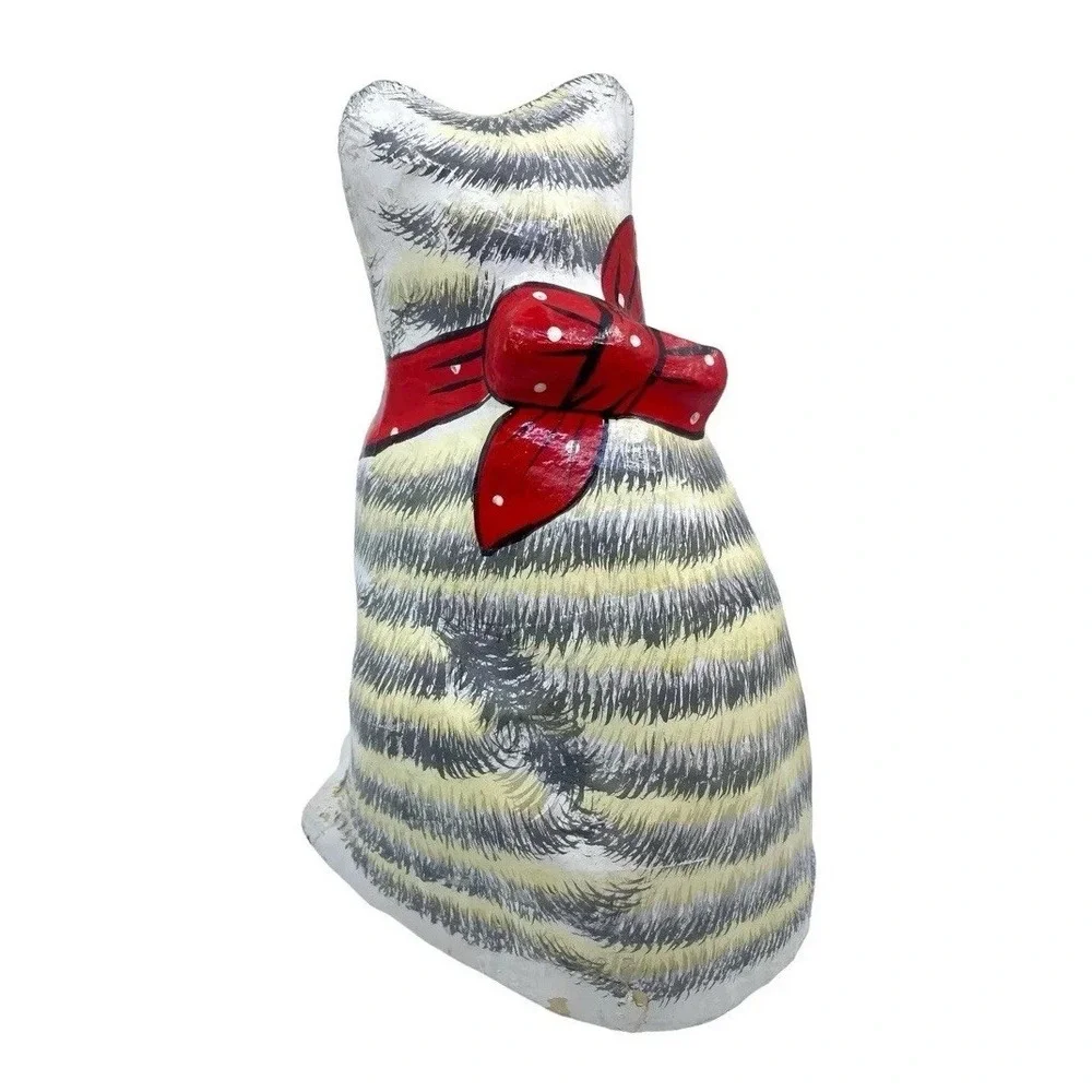 Vintage Large Paper Mache Striped Cat with red handkerchief Statue
